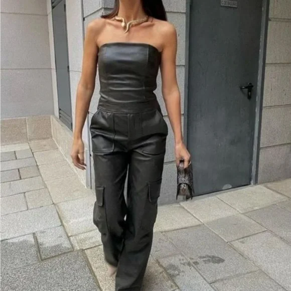 Zara Pants Jumpsuits Zara Faux Leather Long Jumpsuit Poshmark